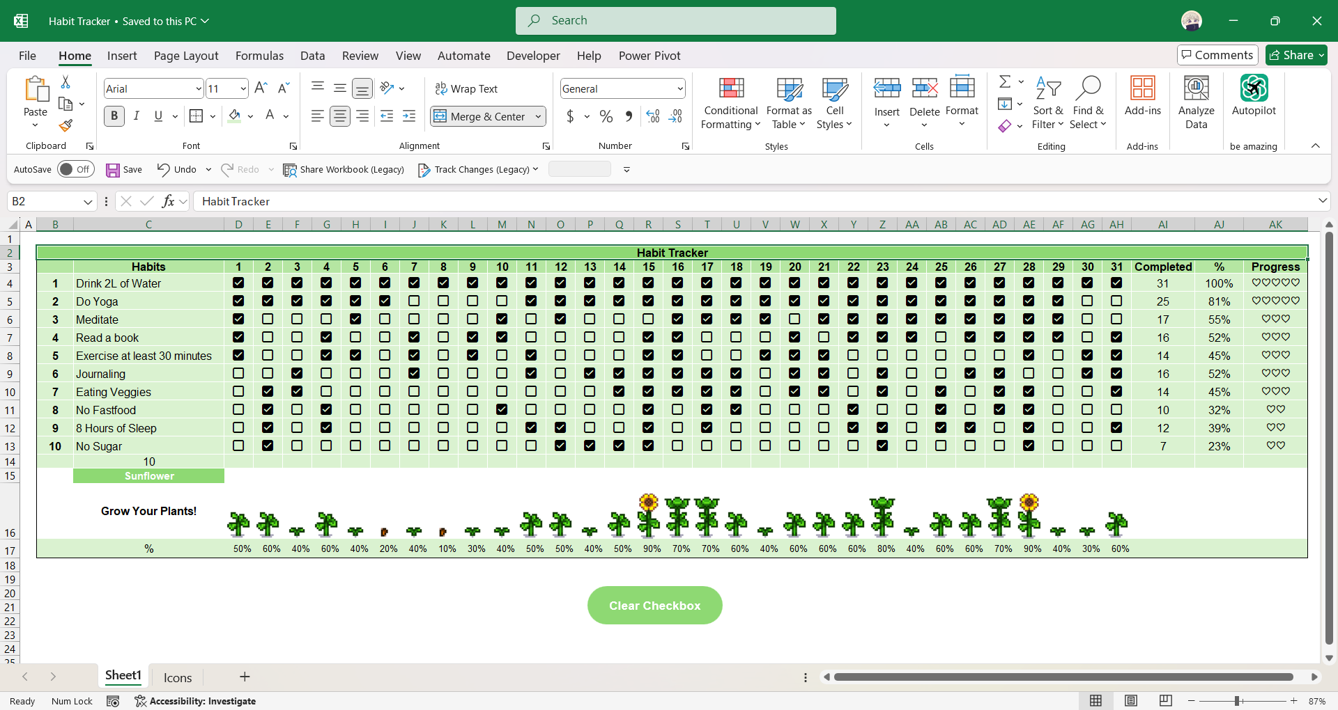 ตัวอย่าง Habit Tracker ที่สร้างขึ้นด้วย Excel